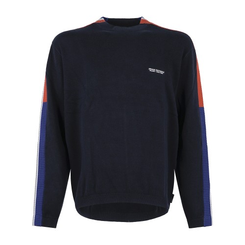 Armani Exchange - Maglione girocollo blu in cotone con bande regular fit per