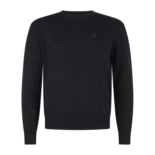 Armani Exchange - Maglione girocollo nero in cotone con logo ricamato regular