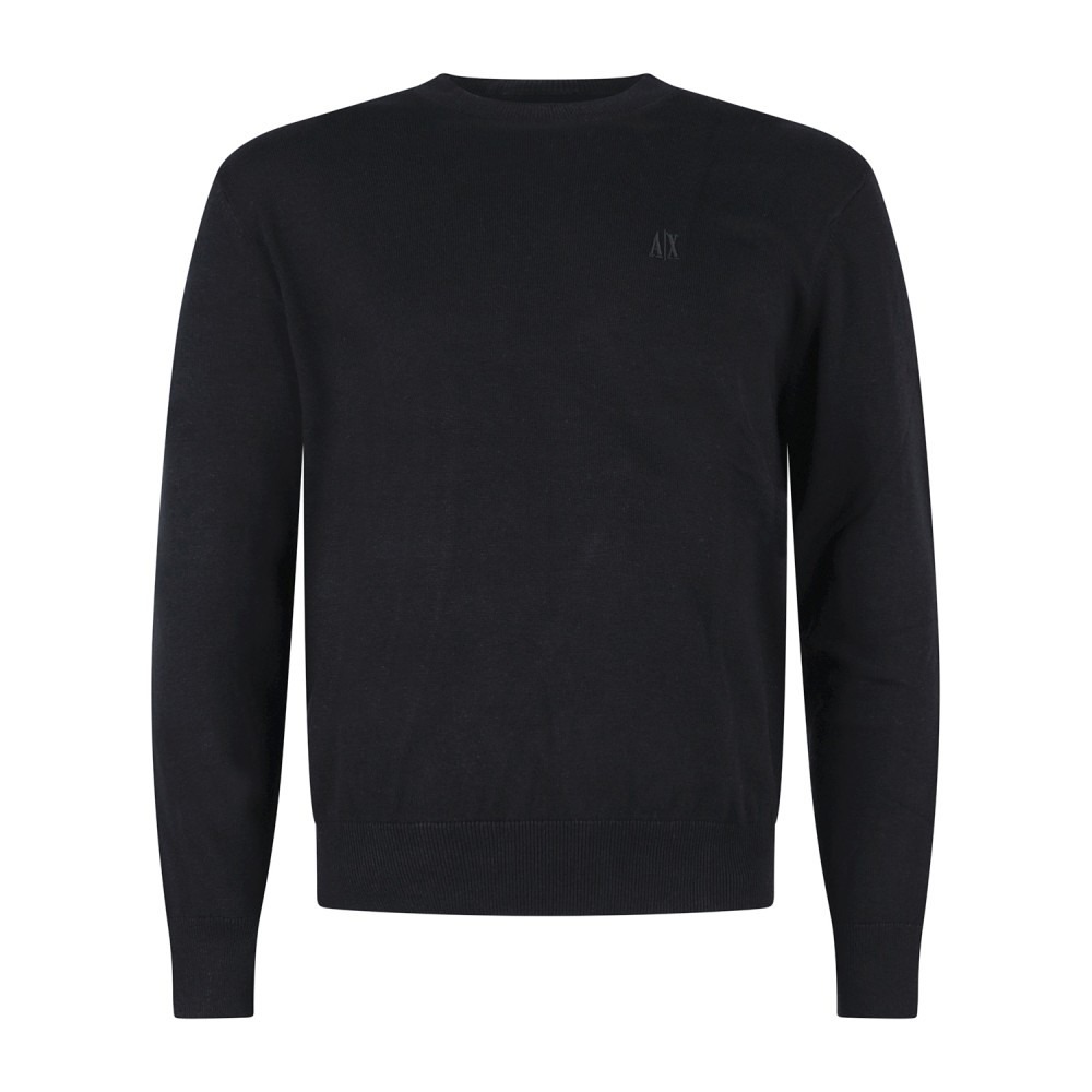 Armani Exchange - Maglione girocollo nero in cotone con logo ricamato regular