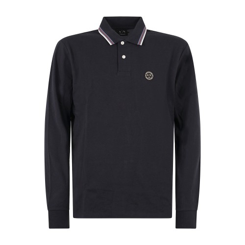 Armani Exchange - Polo blu manica lunga in piqué di cotone regular fit per uomo