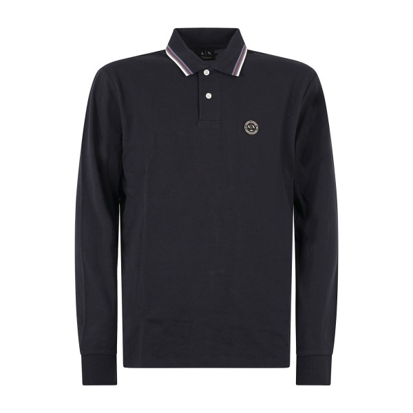 Armani Exchange - Polo blu manica lunga in piqué di cotone regular fit per uomo