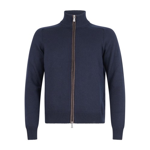 Gran Sasso - Cardigan blu full zip in pura lana merinos con toppe in alcantara