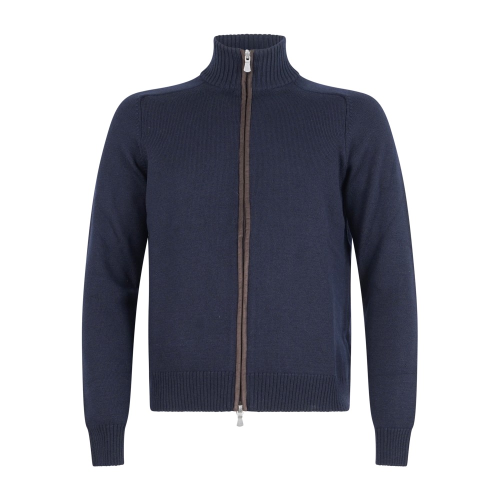 Gran Sasso - Cardigan blu full zip in pura lana merinos con toppe in alcantara