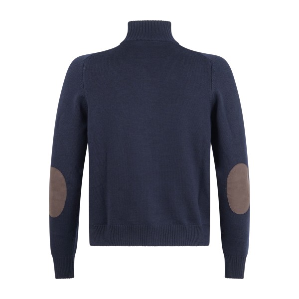 Gran Sasso - Cardigan blu full zip in pura lana merinos con toppe in alcantara