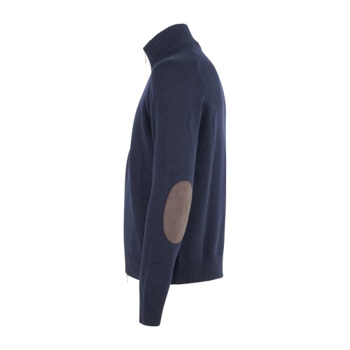 Gran Sasso - Cardigan blu full zip in pura lana merinos con toppe in alcantara 2