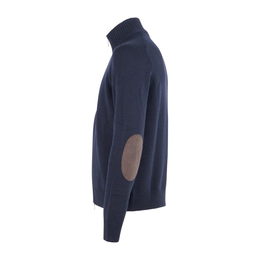 Gran Sasso - Cardigan blu full zip in pura lana merinos con toppe in alcantara