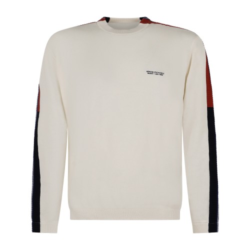 Armani Exchange - Maglione girocollo bianco in cotone con bande regular fit per