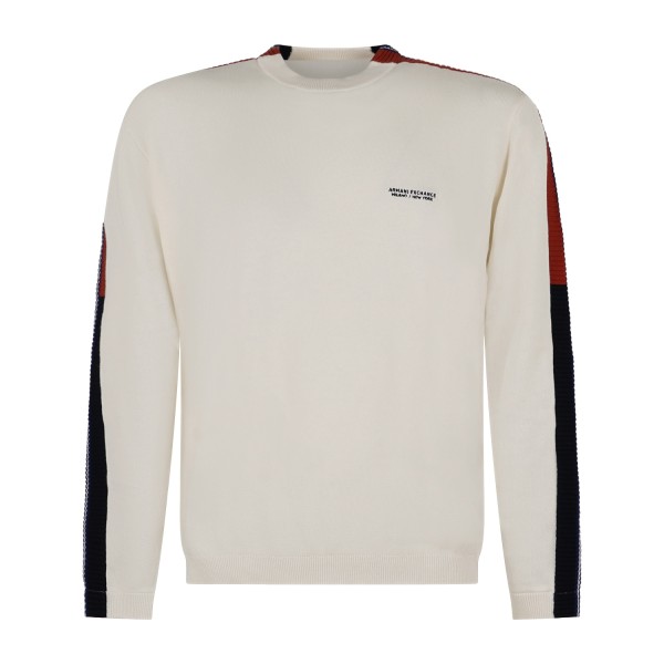 Armani Exchange - Maglione girocollo bianco in cotone con bande regular fit per