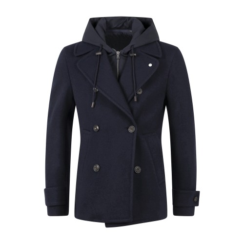 L.B.M. 1911 - Cappotto corto blu doppiopetto in lana con cappuccio removibile