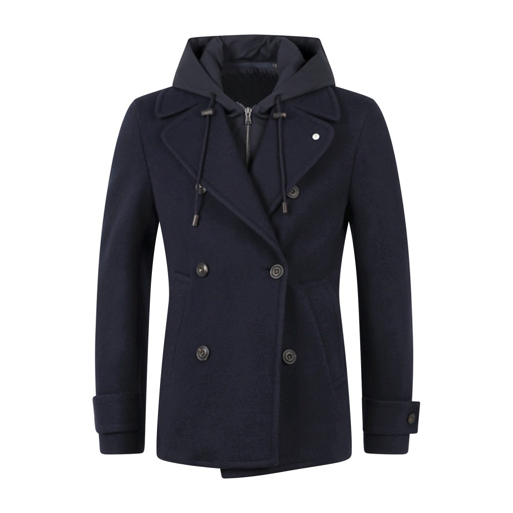 L.B.M. 1911 - Cappotto corto blu doppiopetto in lana con cappuccio removibile