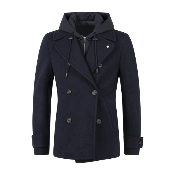 L.B.M. 1911 - Cappotto corto blu doppiopetto in lana con cappuccio removibile