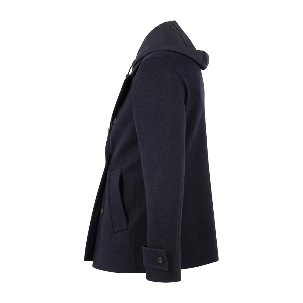L.B.M. 1911 - Cappotto corto blu doppiopetto in lana con cappuccio removibile