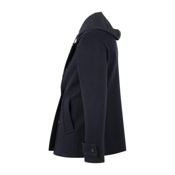 L.B.M. 1911 - Cappotto corto blu doppiopetto in lana con cappuccio removibile