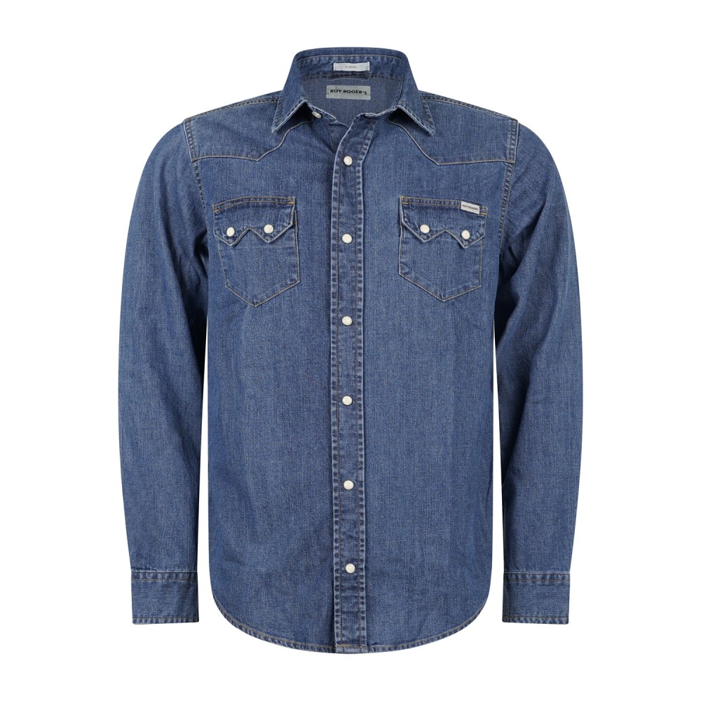 Roy Roger's - Camicia Canyon in jeans denim scuro manica lunga con tasche sul