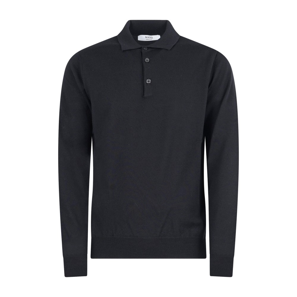 MASQ - Polo nera manica lunga in lana merinos extrafine per uomo | m5625-5003