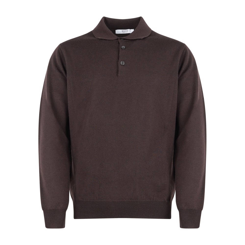 MASQ - Polo marrone manica lunga in lana merinos extrafine per uomo |