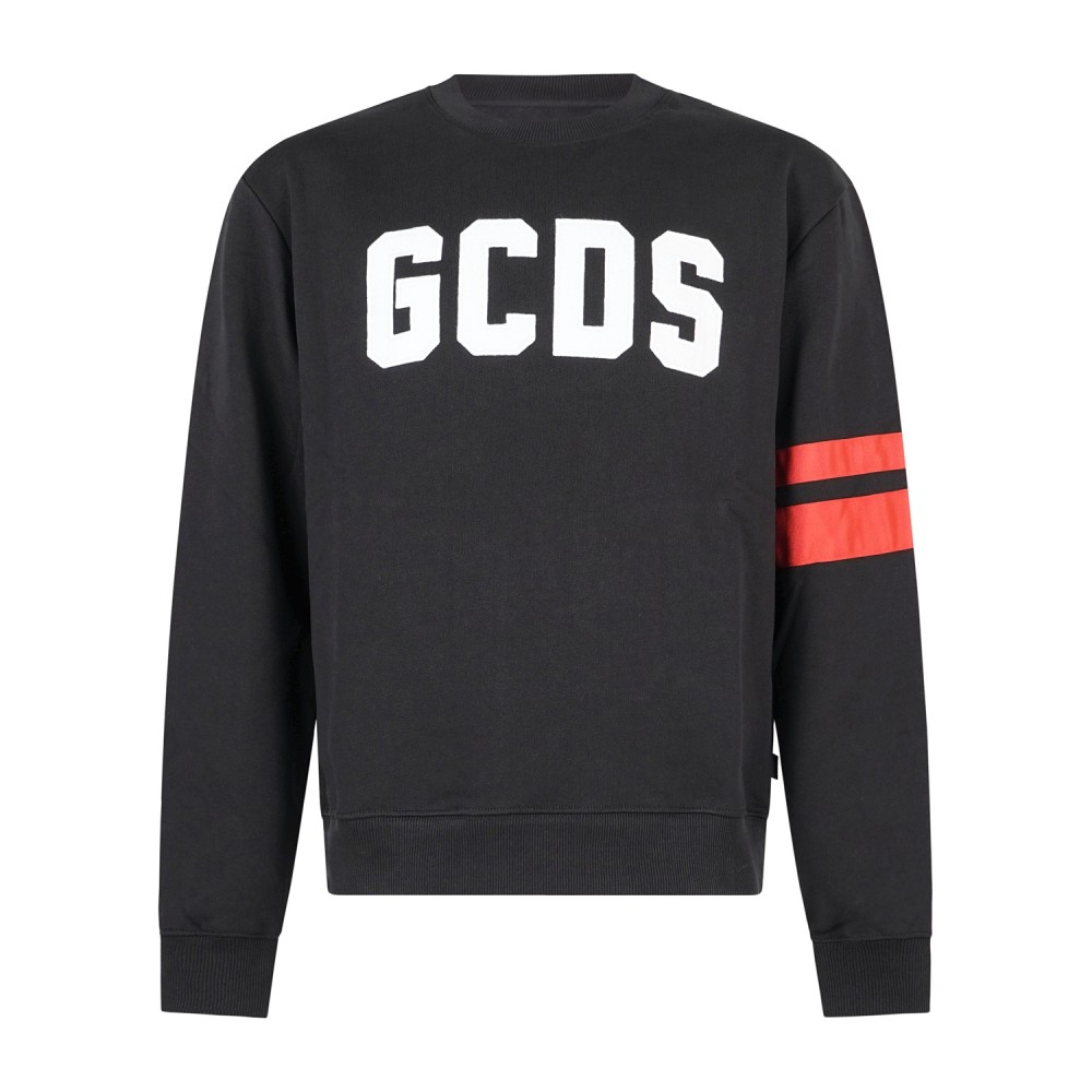 GCDS - Felpa girocollo nera in cotone con logo ricamato relaxed fit per uomo |