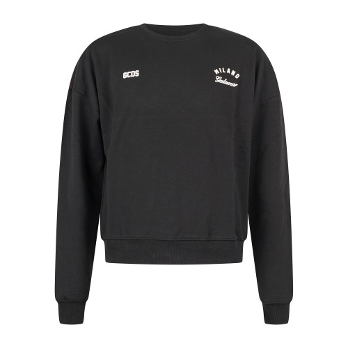 GCDS - Felpa girocollo nera in cotone con stampa logo regular fit per uomo |