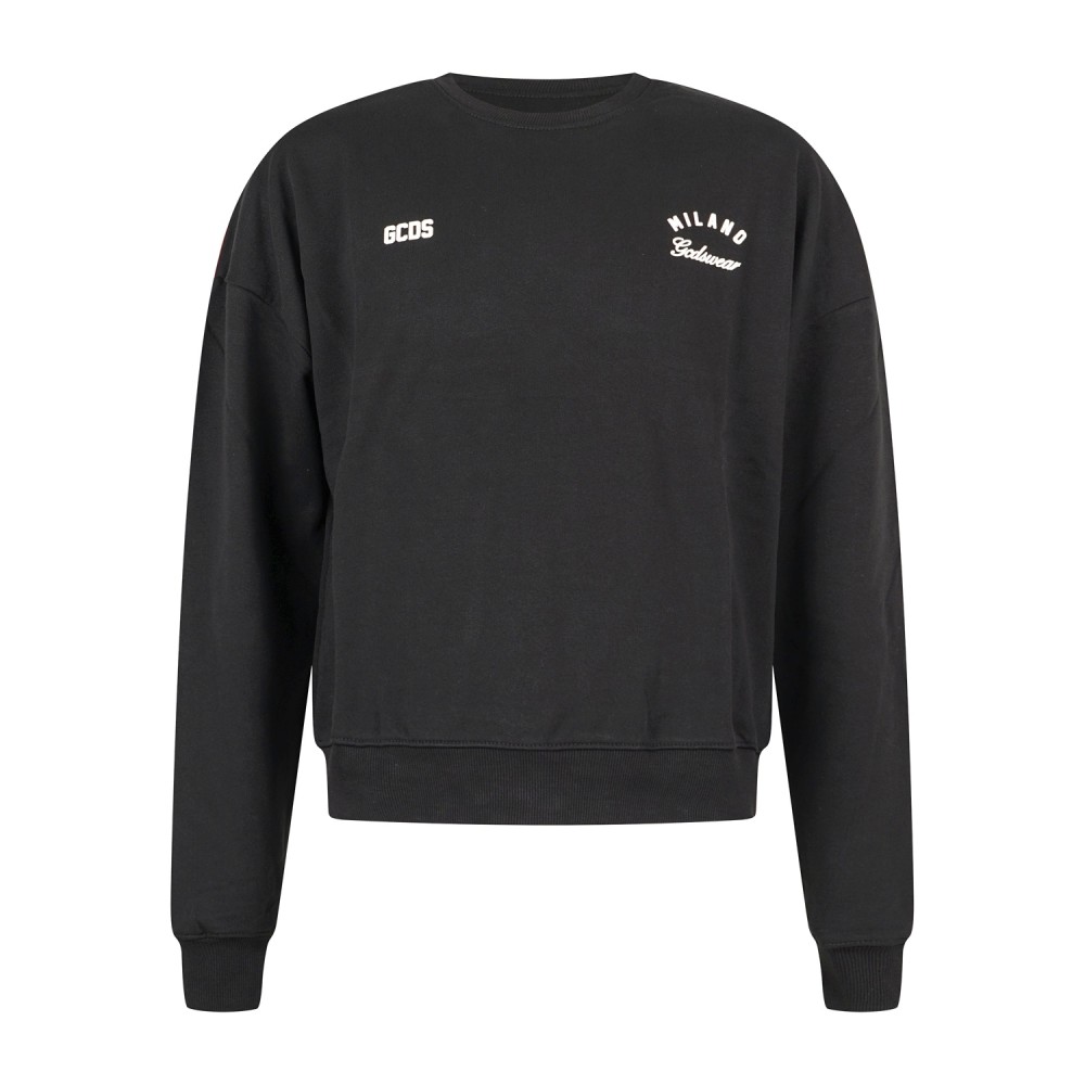 GCDS - Felpa girocollo nera in cotone con stampa logo regular fit per uomo |