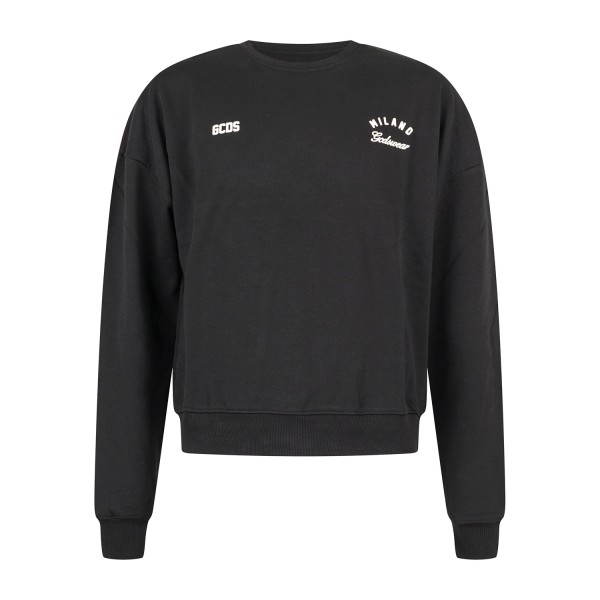GCDS - Felpa girocollo nera in cotone con stampa logo regular fit per uomo |