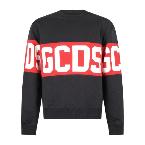 GCDS - Felpa girocollo nera in cotone con stampa logo relaxed fit per uomo |