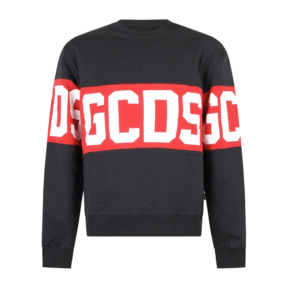GCDS - Felpa girocollo nera in cotone con stampa logo relaxed fit per uomo |