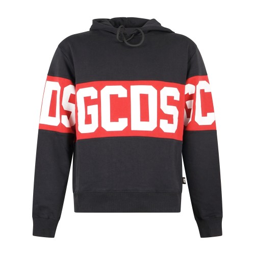 GCDS - Felpa nera con cappuccio in cotone con stampa logo relaxed fit per uomo