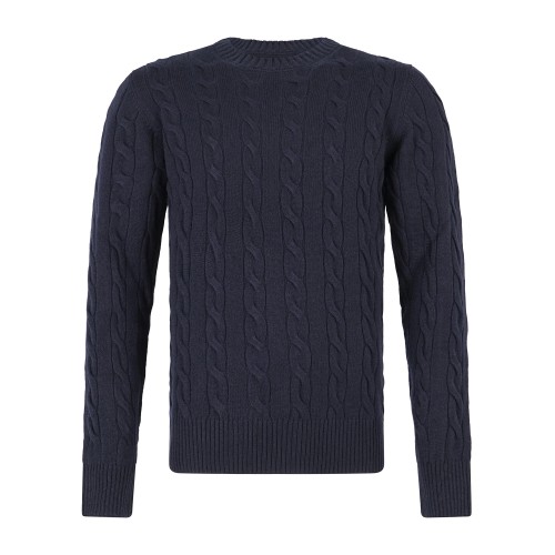 Gran Sasso - Maglione girocollo blu in lana e cashmere con lavorazione trecce