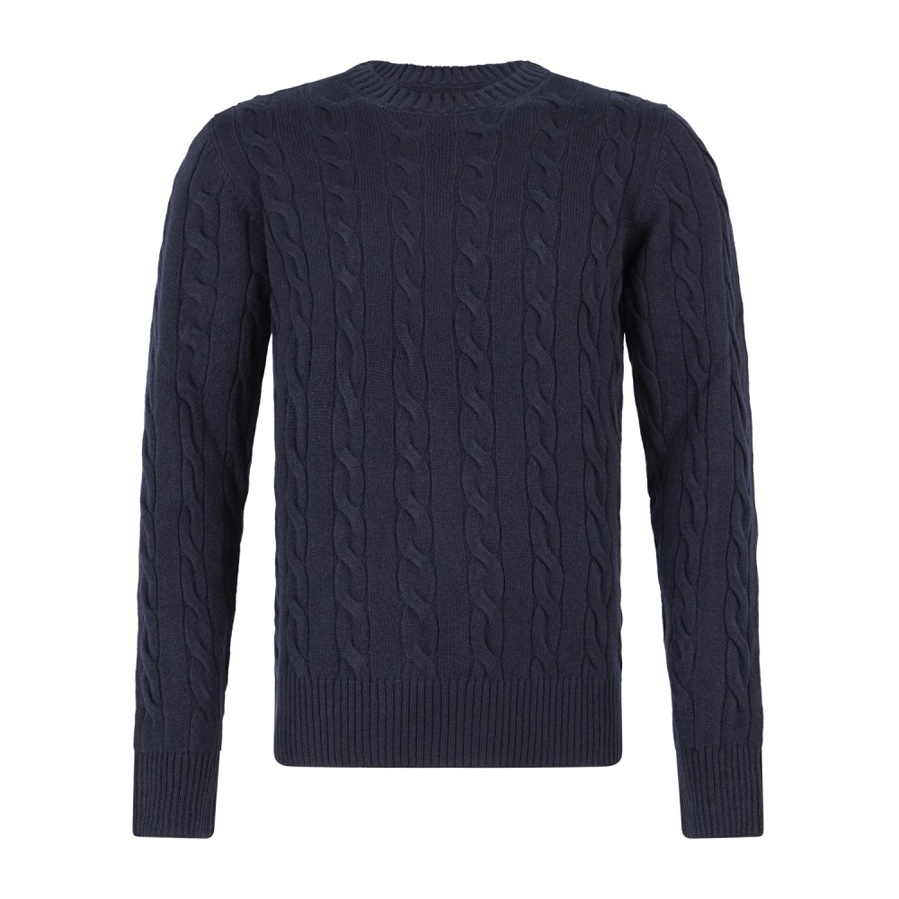 Gran Sasso - Maglione girocollo blu in lana e cashmere con lavorazione trecce