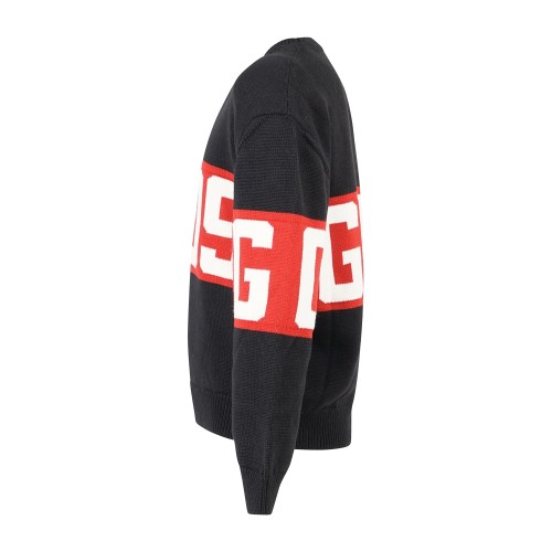 GCDS - Maglione girocollo nero in lana con logo sul fronte e retro relaxed fit 2