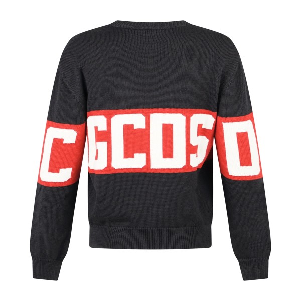 GCDS - Maglione girocollo nero in lana con logo sul fronte e retro relaxed fit