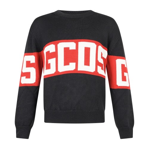 GCDS - Maglione girocollo nero in lana con logo sul fronte e retro relaxed fit