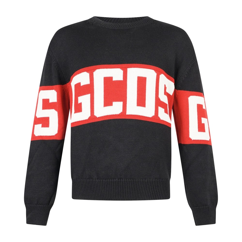 GCDS - Maglione girocollo nero in lana con logo sul fronte e retro relaxed fit