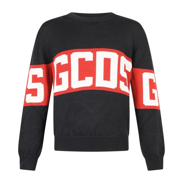 GCDS - Maglione girocollo nero in lana con logo sul fronte e retro relaxed fit