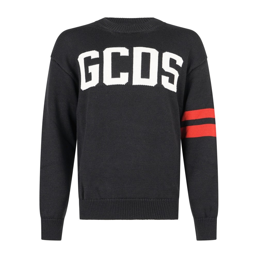 GCDS - Maglione girocollo nero in lana con logo sul fronte relaxed fit per uomo