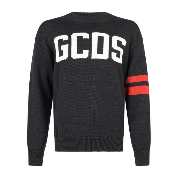 GCDS - Maglione girocollo nero in lana con logo sul fronte relaxed fit per uomo
