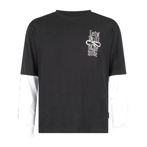 Propaganda - T-shirt girocollo nera manica lunga in cotone doppio strato per