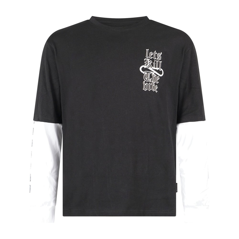 Propaganda - T-shirt girocollo nera manica lunga in cotone doppio strato per