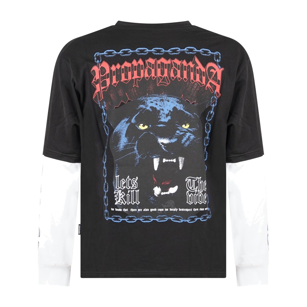 Propaganda - T-shirt girocollo nera manica lunga in cotone doppio strato per
