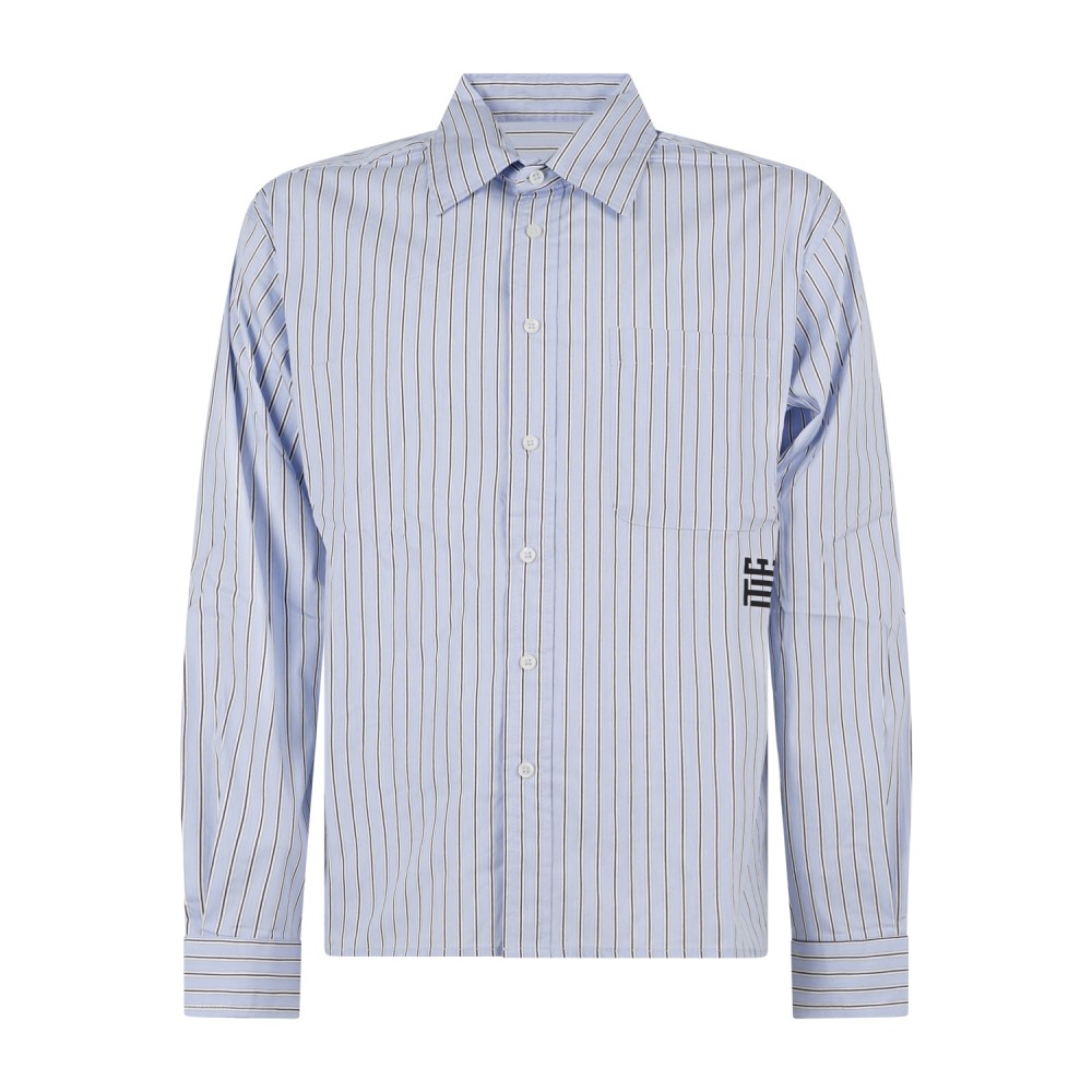 Woodbird - Camicia blu maniche lunghe a righe con stampi e ricami per uomo |