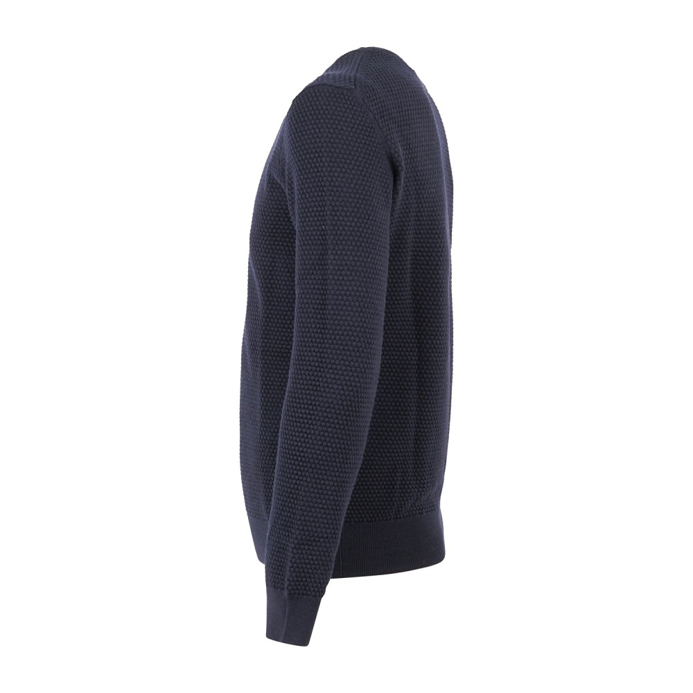 MASQ - Maglione girocollo blu in lana merinos con lavorazione operata macro per