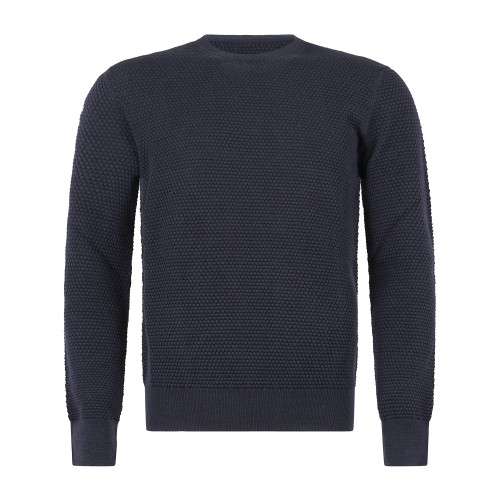 MASQ - Maglione girocollo blu in lana merinos con lavorazione operata macro per