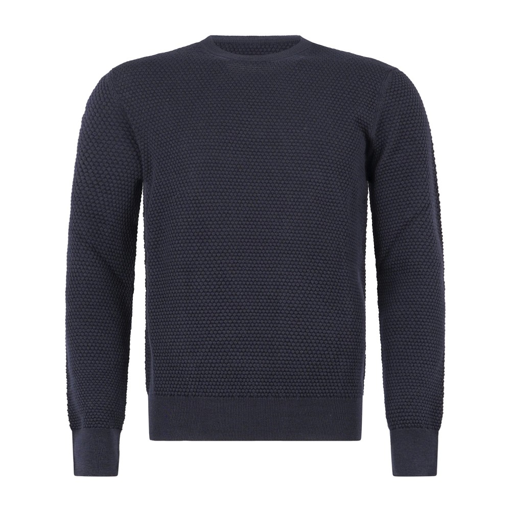 MASQ - Maglione girocollo blu in lana merinos con lavorazione operata macro per