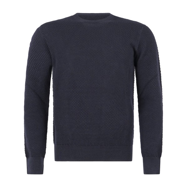 MASQ - Maglione girocollo blu in lana merinos con lavorazione operata macro per