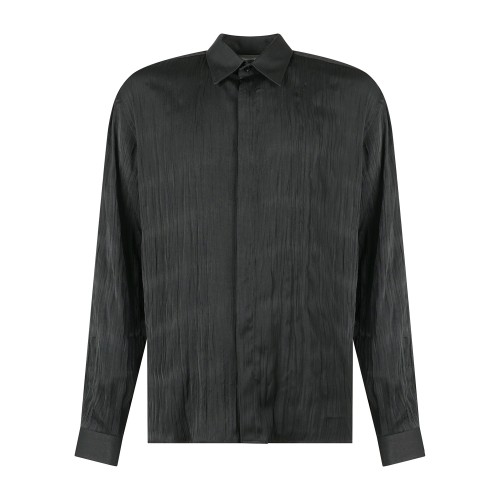 Marsem - Camicia manica lunga nera in viscosa con lavorazione plissè all-over