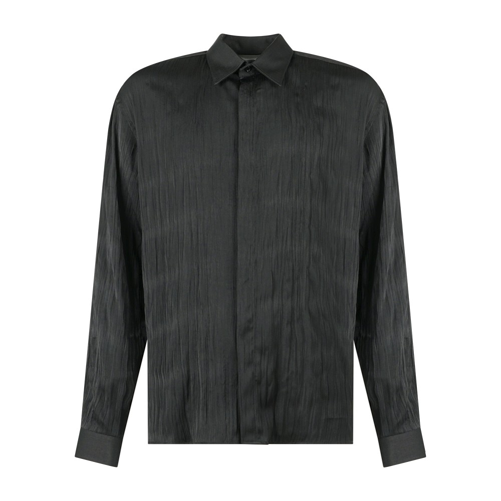Marsem - Camicia manica lunga nera in viscosa con lavorazione plissè all-over