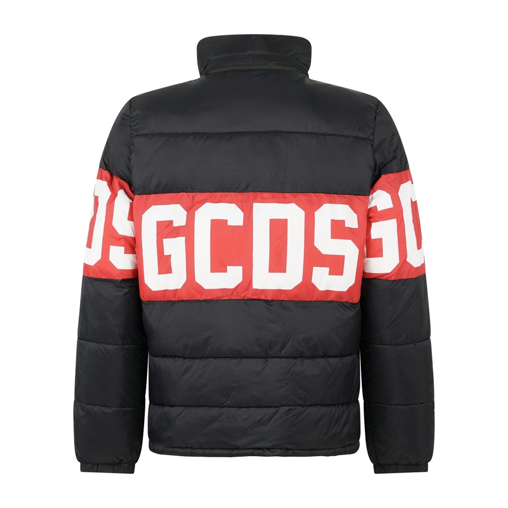 GCDS - Giubbotto piumino nero con band logo centrale con effetto trapuntato per