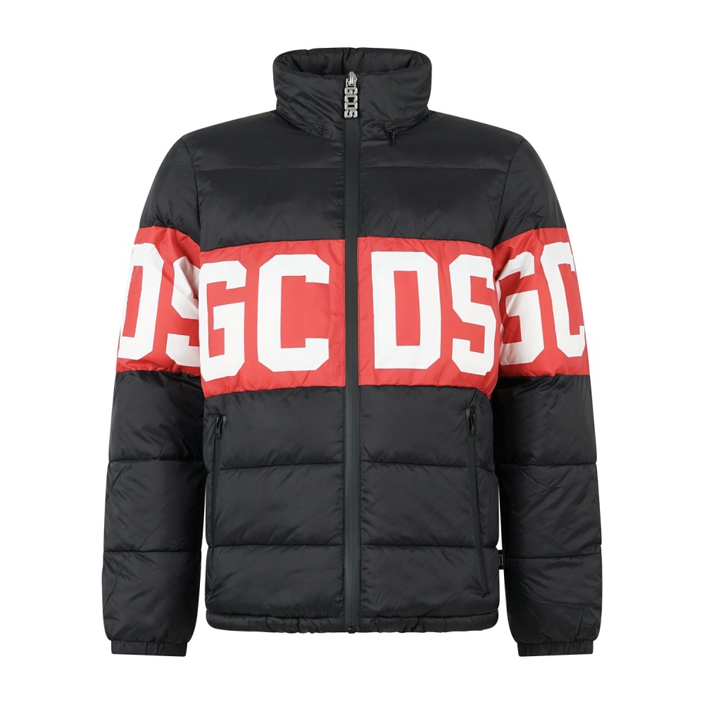 GCDS - Giubbotto piumino nero con band logo centrale con effetto trapuntato per