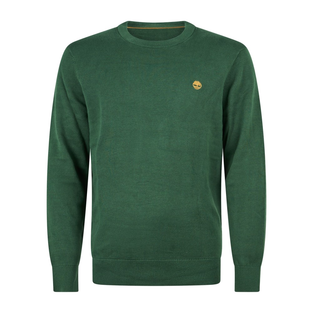 Timberland - Maglioncino girocollo verde in cotone logo ricamato regular fit