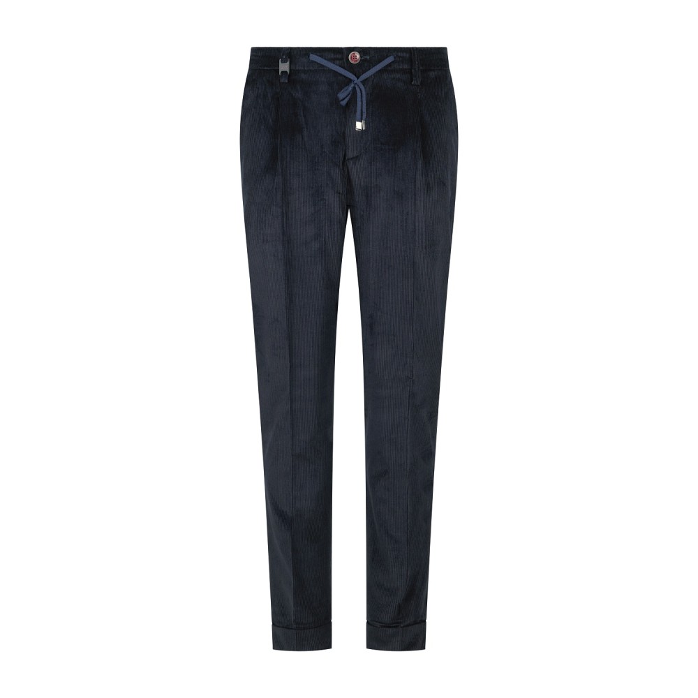 Barbati - Pantalone Gregory blu in velluto a coste strette con pence e coulisse